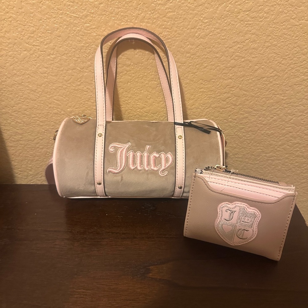 Juicy Couture brown embroidered barrel bag and wallet